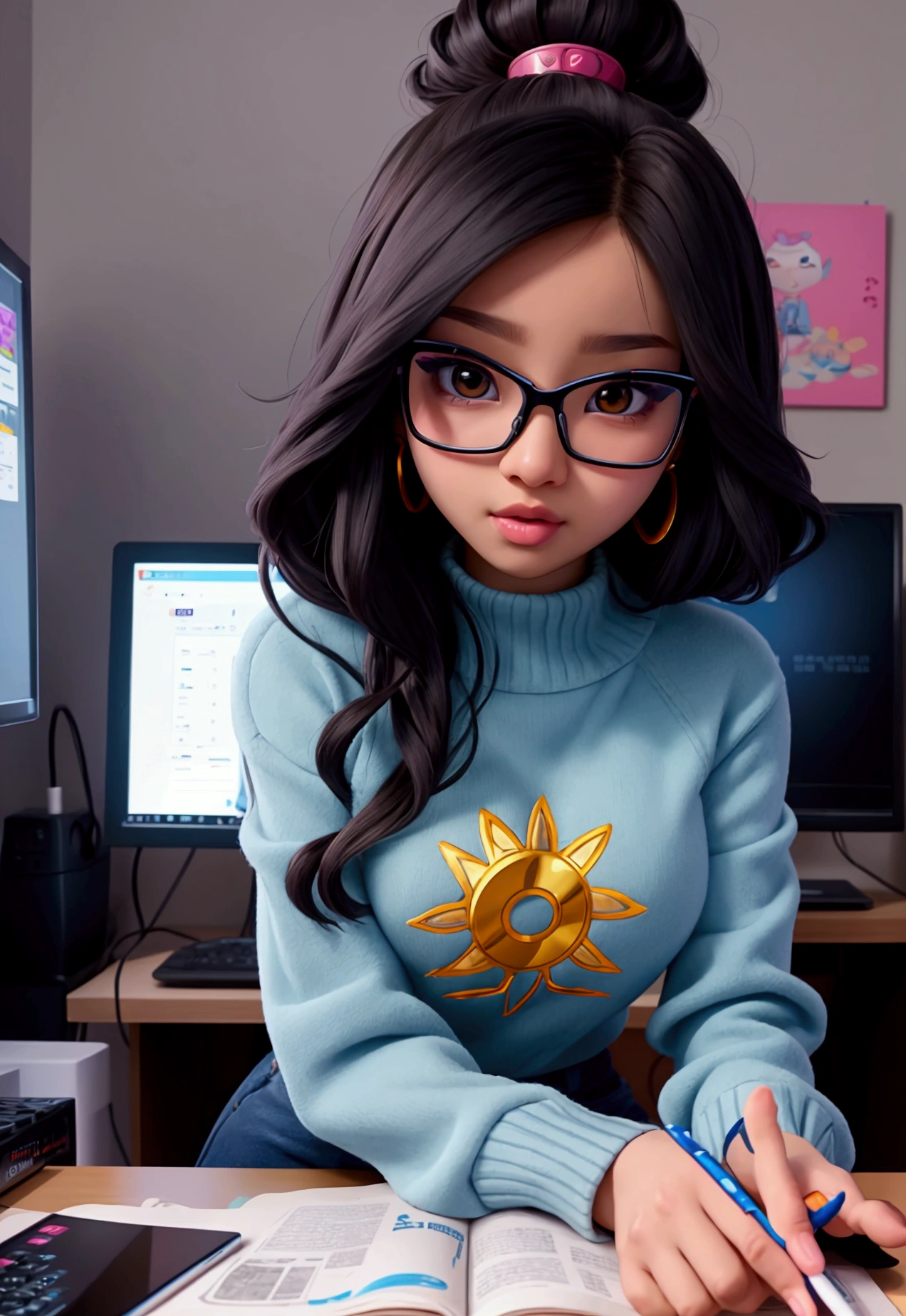 The character costume is KPOP, Hallyu, K-pop anime art style, Hallyu frontline style, Hallyu art style, kpop style, official artwork, Chibi art, Pisif, Blackpink style, cute. KPOP artwork in sitting position, The popularity of Pisif art station, 16 year old chibi, No watermark, close-fitting jean, , roundneck top,style , close up angle, black hair,brown skin siiting and facing a computer and trading crypto and she's wearing glasses