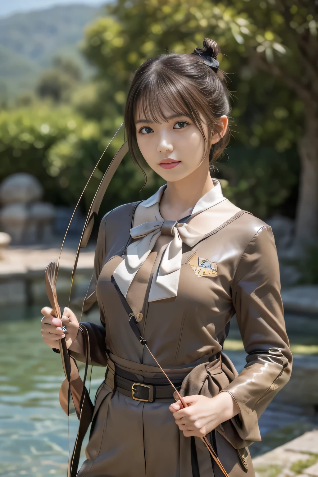8k,A female adventurer from another world,so beautiful(Like the real thing),Adult woman in leather armor,((Woman with brown double bun hair:1.4)),blue eyes,((Woman shooting with a stone crossbow:1.5))、Brown combat trousers,Dagger on hip,Walking in mountainous areas,Perfect Face,Perfect hand shape,charm,Volume measurement,Body balance,超High resolution,super Realistic skin,Digital single-lens reflex camera, Soft lighting, high quality, Highly detailed face, Highly detailed eyes, highly detailed skin, skin, Scattered beneath the surface of the water, Highly detailed face, Highly detailed eyes, Beautiful expression, lip, Detailed Background, Written boundary depth, Small breasts、Volumetric lighting, Sharp focus, Absurd, Realistic proportions, Excellent anatomy, (Realistic, 超Realistic:1.4), 16k hdr, dawn,High resolution,super Realistic skin,super Beautiful expression,Fantasy art,Character Art,Dynamic pose,Compensate,Brown cloak,((Carrying a big bow:1.4)),