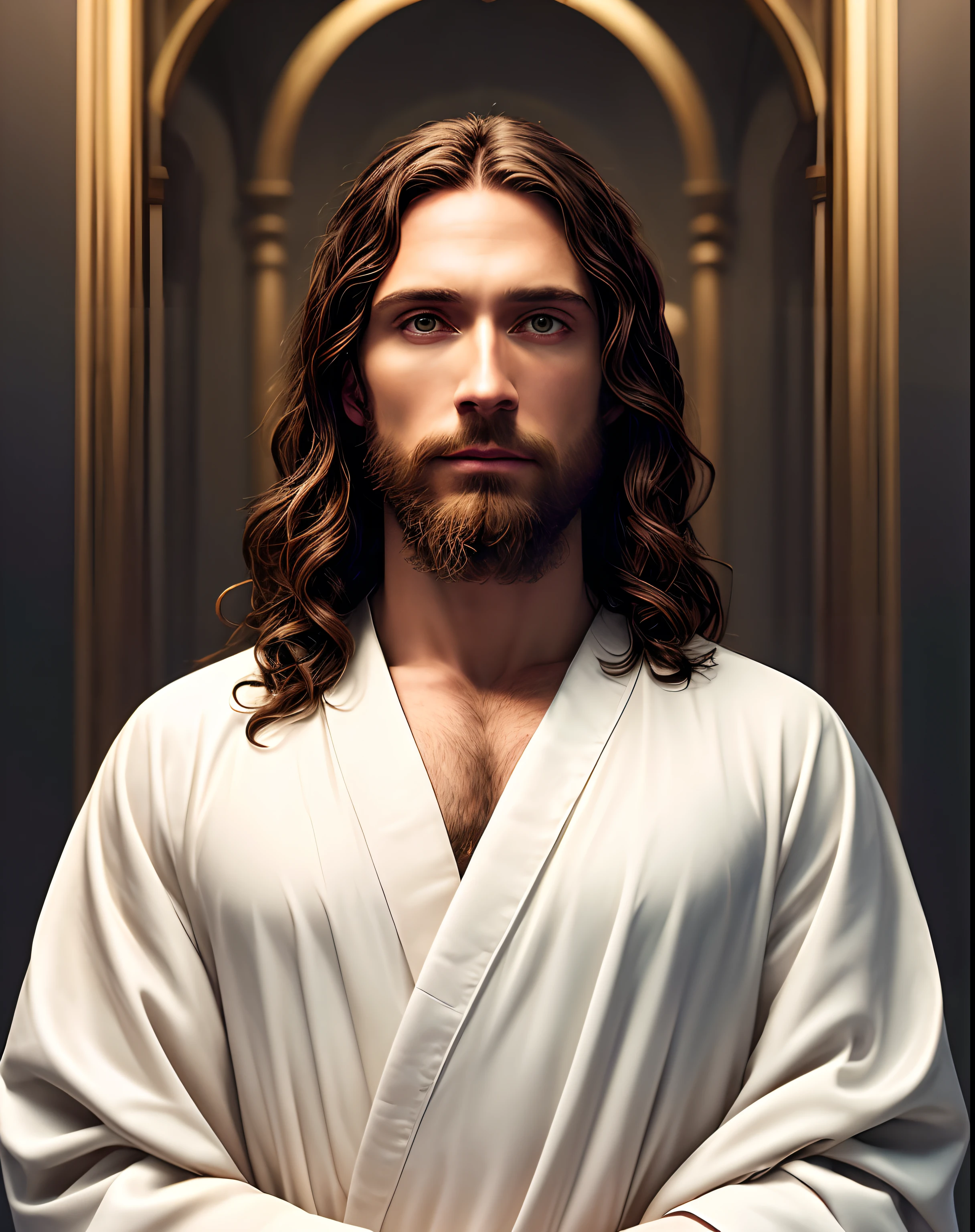 (symetry),centred,a ((Close up)) above portrait,(jesus),a very thin white man, with long hair and beard,wearing a long white robe,35mm,skin natural,clothing detail, 8k texture, 8k, insane details, intrikate details, hyperdetailedhighy detailed,realisitic,soft cinematic light,HDR,sharp focus, ((((cinematic appearance)))),intrikate, chic, highy detailed