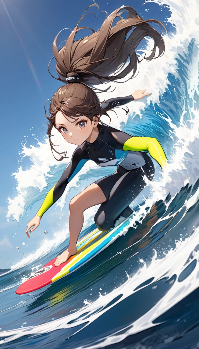 Huge waves,Splashing water,Man wearing surfing gear clothing.riding a surfboard..Surfer riding on the wave,Control the skateboard with your body.Under the blue sky and white clouds,Waves rise and fall on the sea,Form beautiful curves .Surfers riding rough waves,Enjoy the excitement and (best quality,4K,8k,high resolution,masterpiece:1.2),Super detailed,(Practical,photoPractical,photo-Practical:1.37)