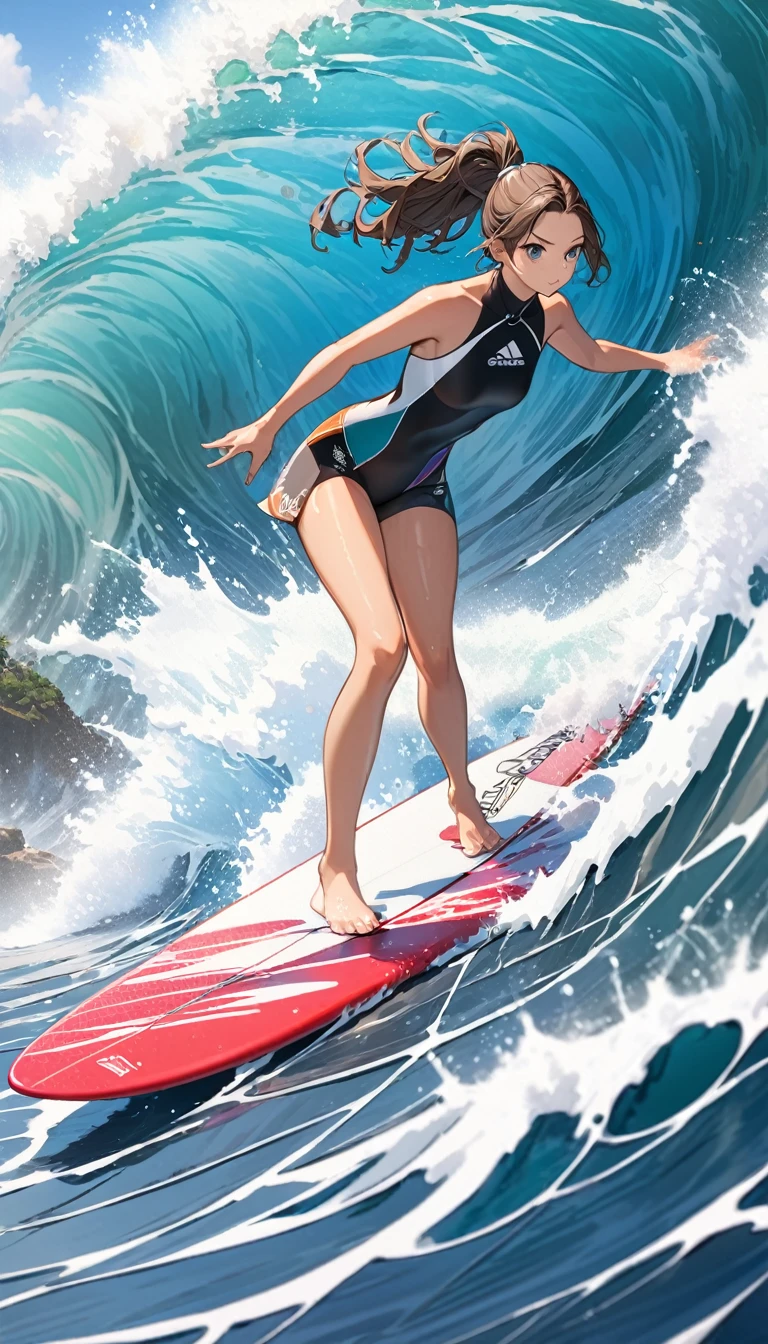 Huge waves,Splashing water,girl with high ponytail,Colorful highlighted hair, dark ash brown long hair,, highly detailed eyes,踩著surfboard穿著衝浪裝備服裝.surfboard(Surfboard about 2-3 meters long,Smooth surface,Reflecting sunlight。
Surfing style presented by the surfboard,Narrow tail,Wider front,Easy to control on the waves。
The bottom of the surfboard is streamlined,Helps glide through water。Anti-slip texture on the board,Convenient for surfers to stand。
Surfboards are made of high strength,Lightweight and durable,Able to withstand the impact of waves。
Surfboards with eye-catching designs or logos,Show off your surfer's personality and style。)(..Surfer riding on the wave,Control the skateboard with your body.Under the blue sky and white clouds,Waves rise and fall on the sea,Form beautiful curves .Surfers riding rough waves,Enjoy the excitement and (best quality,4K,8k,high resolution,masterpiece:1.2),Super detailed,(Practical,photoPractical,photo-Practical:1.37)