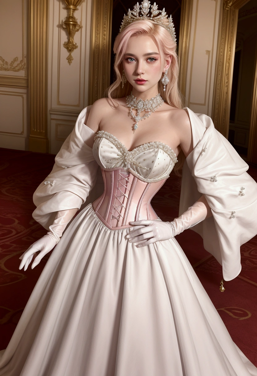 1800 renascentist Royal Style, DRESS WITH SHINE CORSET
adorned , embroidery, and jewels, long white gloves, with corset pearl necklace and earrings PINK DRESS SHINE WHITE DRESS DIAMONDS
Portrait of a stunningly beautiful young blond GLITTER DRESS WHITE DRESS GOWN shine shine shine dress pink as a Queen wearing DRESS WITH CORSET like vivienne westwood RENASCENTIST DRESS 1800