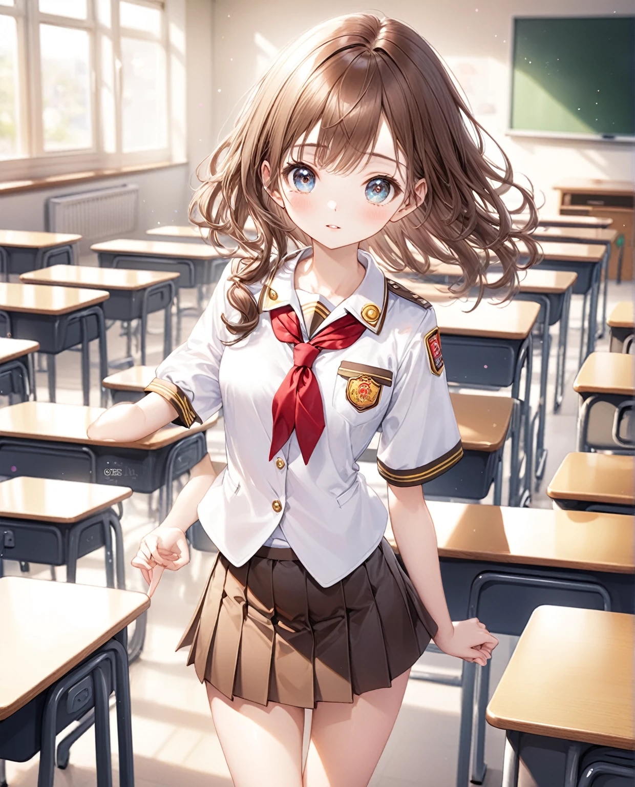 (Highest quality,8k,32K,masterpiece,Ultra-high resolution :1.2 ),born,One girl,Super cute,Natural light,Clear, shining eyes,20-year-old,Fair skin,School electronic world fantasy background,Brown Hair,mini skirt,uniform,学born服,classroom