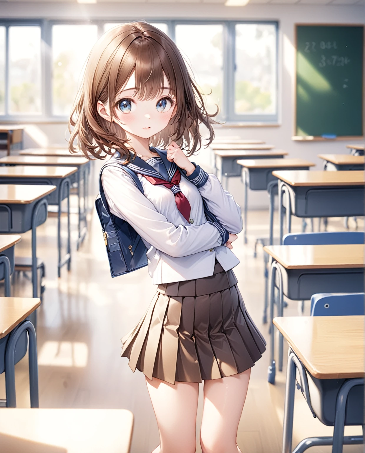 (sfw), 1girl, blush, smile, cowboy shot, dynamic angle, arms behind back, small breasts, looking_at_viewer, school_uniform, shirt, skirt, <hypernet:endou_hiroto:1>
