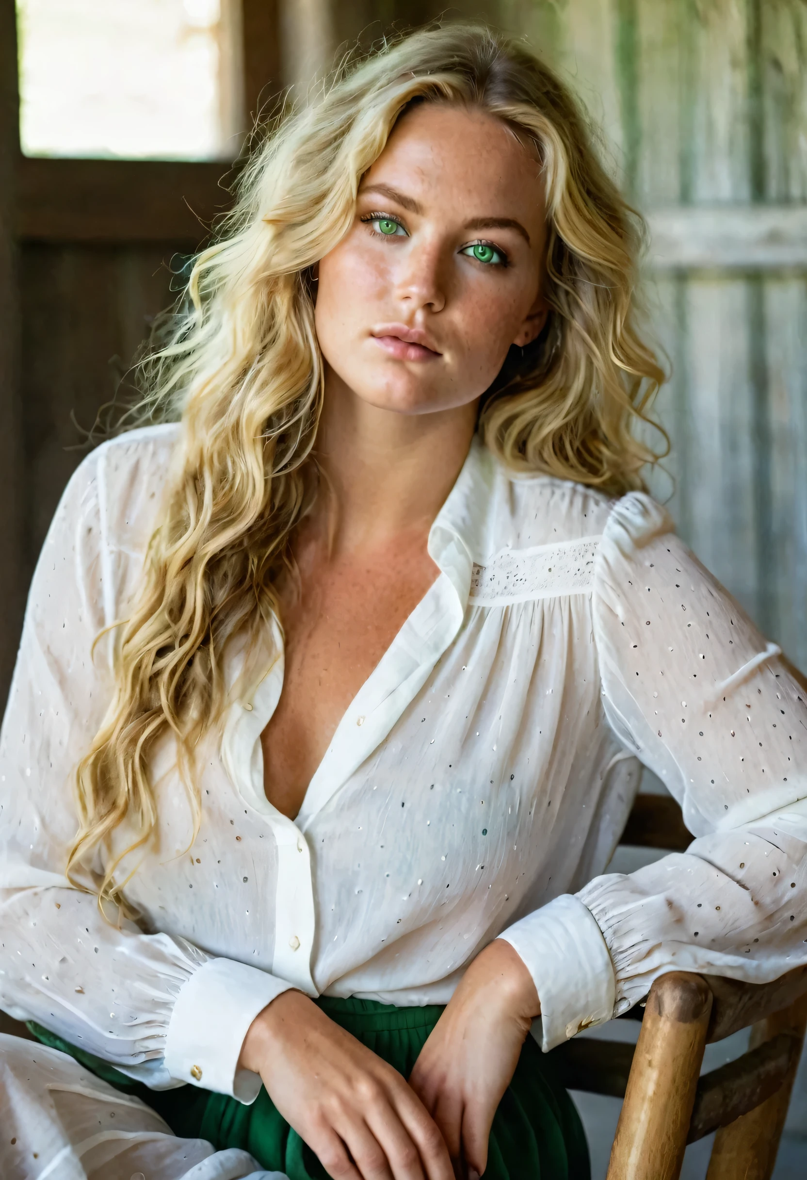 Create a captivating portrait of a voluptuous boho woman with green eyes and long, wavy blonde hair, seated gracefully on a woodenchair. She has a fair complexion adorned with delicate freckles, her blouse slightly unbuttoned, and her expression is contemplative, reflecting a moment of deep thought. She wears a white oversized men's dress shirt., photo