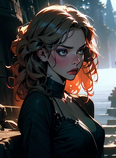 (Intense focus:1.2), picture, Attractive young woman, (Beautiful Face:1.1), Detailed eyes, luscious lips, (Smokey eye makeup:0.85), (Medium breast:1.0), (Athletic body:1.2), (curly hair:1.2), He wears (Maxi dress:1.2) on (slope:1.2). (moody lighting:1.2), Depth of field, sad, 4K, Human development report. by (James C. Christensen:1.2|Jeremy Lipking:1.1).