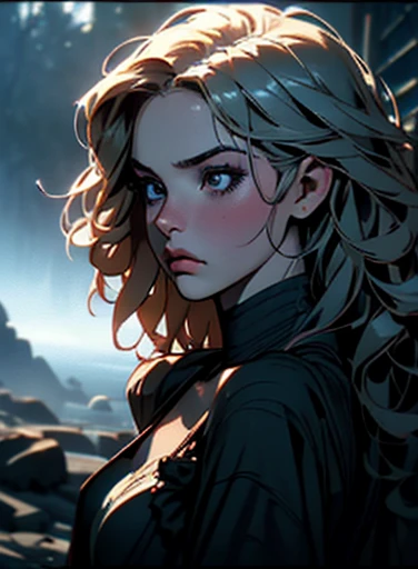 (Intense focus:1.2), picture, Attractive young woman, (Beautiful Face:1.1), Detailed eyes, luscious lips, (Smokey eye makeup:0.85), (Medium breast:1.0), (Athletic body:1.2), (curly hair:1.2), He wears (Maxi dress:1.2) on (slope:1.2). (moody lighting:1.2), Depth of field, sad, 4K, Human development report. by (James C. Christensen:1.2|Jeremy Lipking:1.1).