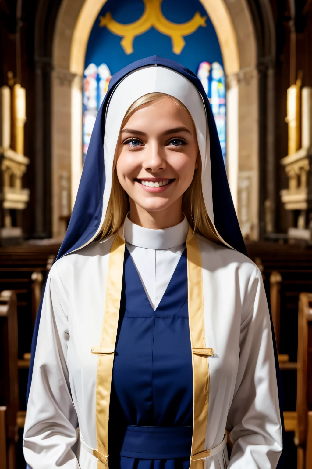 Italian Beautiful Girl、Blonde Hair、Blue Eyes、Smiling with teeth showing、Slim body、Monastic uniform、Nuns、Standing in the church