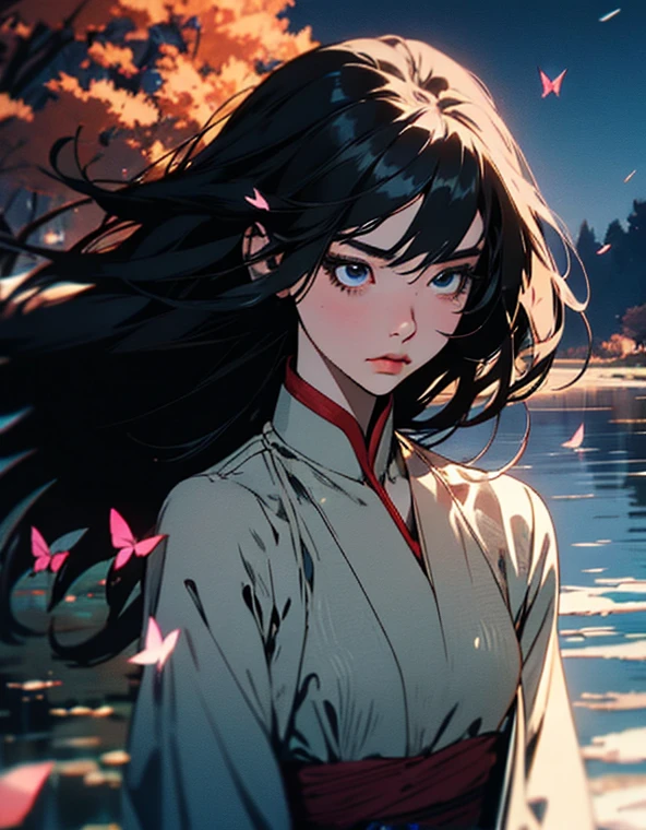 creative, (Masterpiece), (clarification), (Very good and beautiful), (Perfect details), (خلفية الوحدة CG 8K:1.05), (Beautiful and clear background:1.25), (Depth of field:0.7),1girl,Huanxiaoyi , (Standing beside the river:1.15).(Hair blowing in the wind:1.1),Butterflies flying around, (moon light:0.6), tree, (summer), (a night:1.2), (close up:0.35), (gloves:0.8), Single ,