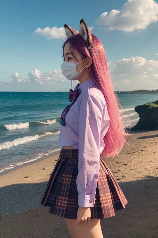 (1 girl, size), (guitar alone), bubble skirt, aqua shirt, bow, bowtie, buttons, collared shirt, expressionless, Eyebrows hidden by hair, fox mask, cowboy shoot, long hair, long sleeve, mask, multicolored buttons, pink eyes, pink hair, orange skirt, plaid, plaid shirt, purple bow, purple bowtie, shirt, skirt, alone, very long hair, sea, ocean, beach, cloudy, sunlight, twilight, moon, cloud, sky, outdoor, cloudy sky, leaf, ruins, sunlight, After the Apocalypse, side view