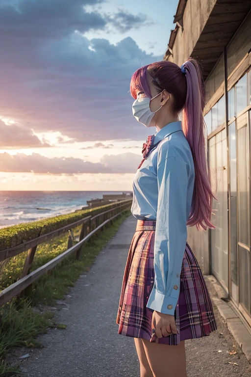 (1 girl, size), (guitar alone), bubble skirt, aqua shirt, bow, bowtie, buttons, collared shirt, expressionless, Eyebrows hidden by hair, fox mask, cowboy shoot, long hair, long sleeve, mask, multicolored buttons, pink eyes, pink hair, orange skirt, plaid, plaid shirt, purple bow, purple bowtie, shirt, skirt, alone, very long hair, sea, ocean, beach, cloudy, sunlight, twilight, moon, cloud, sky, outdoor, cloudy sky, leaf, ruins, sunlight, After the Apocalypse, side view