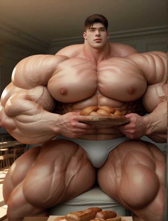 1boy, giant, model shoot style, illuminating light, strong body, bulk, large size, sitting & eating bread, in the white interior room, nude, white triangular underwear, prominent bulge, big, brutalmass, giant, muscular body, bulk, massive body, large meaty body size