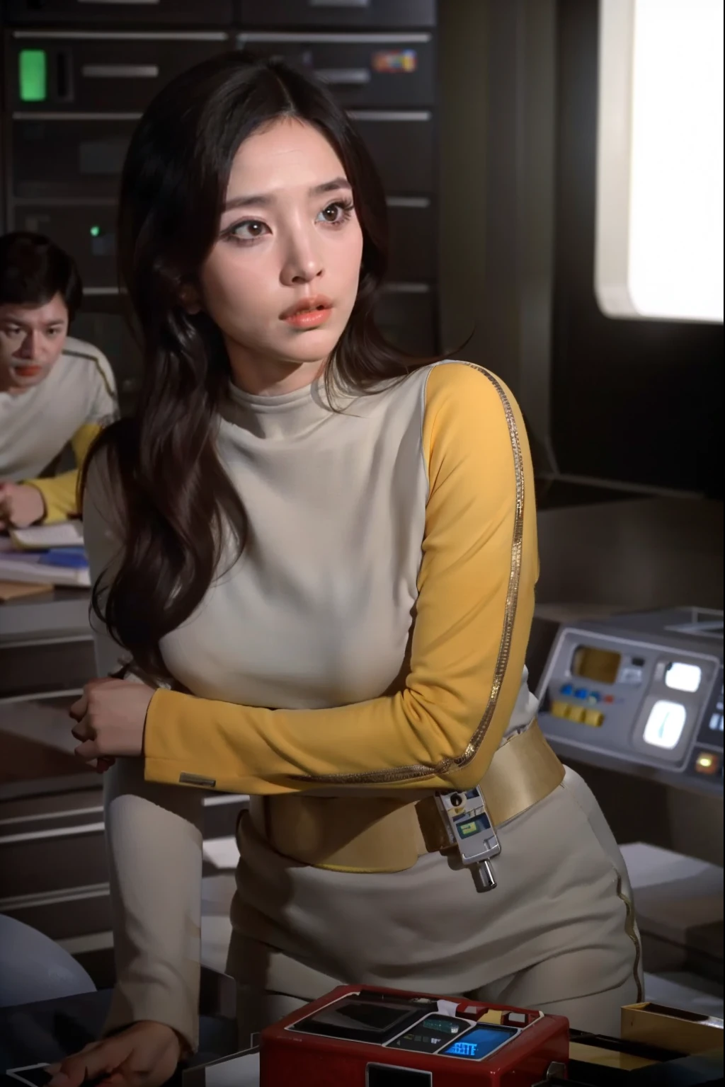 asian woman with long black hair in s1999unf uniform,yellow left sleeve,on moon base