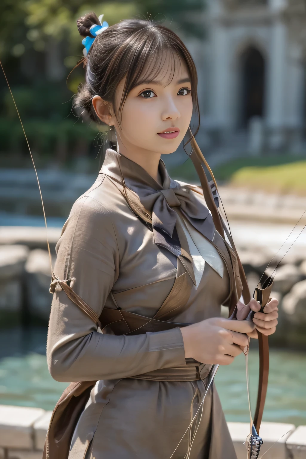 8k,A female adventurer from another world,so beautiful(Like the real thing),Adult woman in leather armor,((Woman with brown double bun hair:1.4)),blue eyes,((Woman shooting with a stone crossbow:1.5))、Brown combat trousers,Dagger on hip,Walking in mountainous areas,Perfect Face,Perfect hand shape,charm,Volume measurement,Body balance,超High resolution,super Realistic skin,Digital single-lens reflex camera, Soft lighting, high quality, Highly detailed face, Highly detailed eyes, highly detailed skin, skin, Scattered beneath the surface of the water, Highly detailed face, Highly detailed eyes, Beautiful expression, lip, Detailed Background, Written boundary depth, Small breasts、Volumetric lighting, Sharp focus, Absurd, Realistic proportions, Excellent anatomy, (Realistic, 超Realistic:1.4), 16k hdr, dawn,High resolution,super Realistic skin,super Beautiful expression,Fantasy art,Character Art,Dynamic pose,Compensate,Brown cloak,((Carrying a big bow:1.4)),