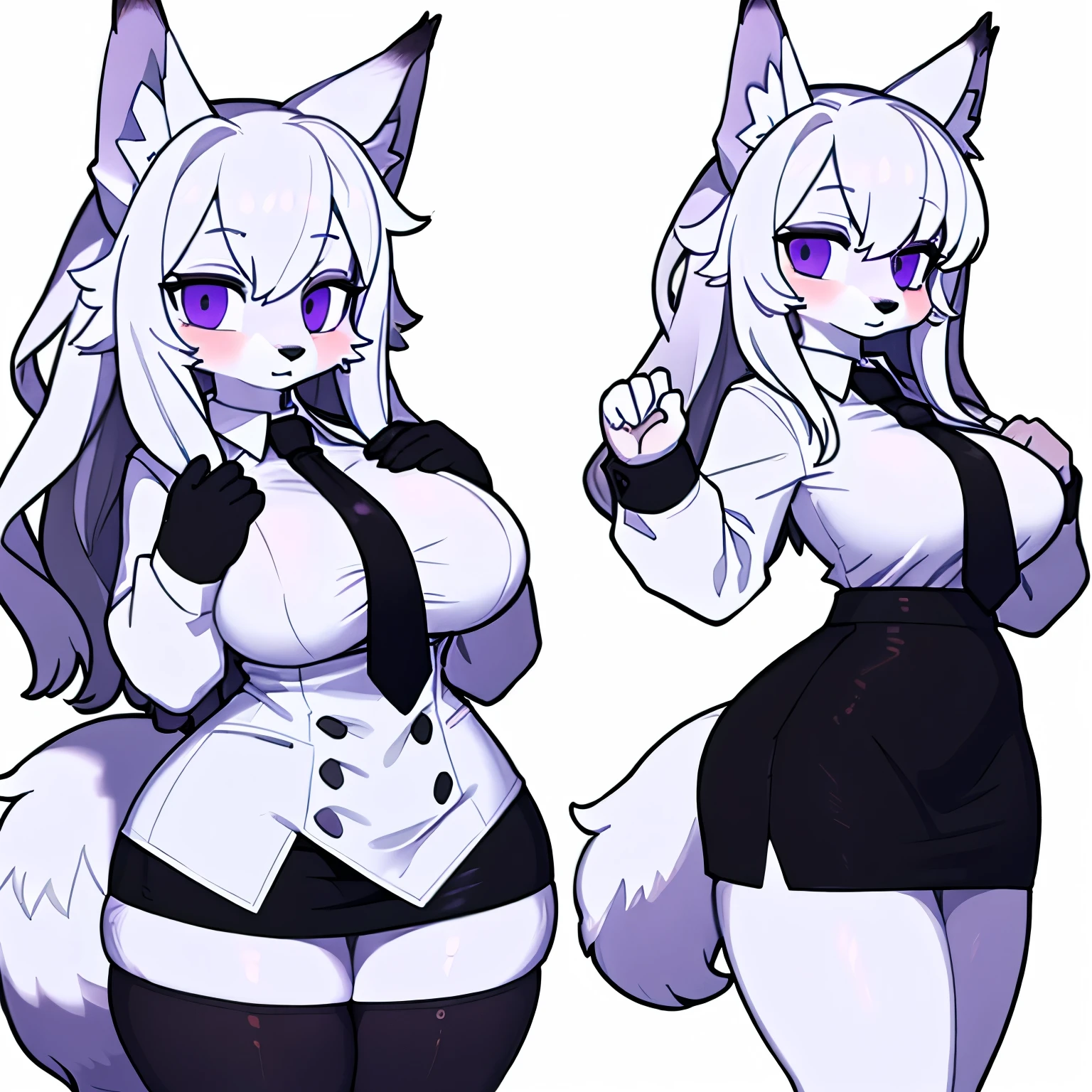 a cute furry girl with wavy white hair, a sneaky and elegant pose, huge wolf tail, fluffy wolf tail, playful pose, close, white fur, white shirt, black bussiness tie, black skirt, white background, From Side, Multiple Views, hands on chest, hands up, pencil skirt, high waist pencil skirt, thicc, purple eyes, business woman, pencil skirt, serious