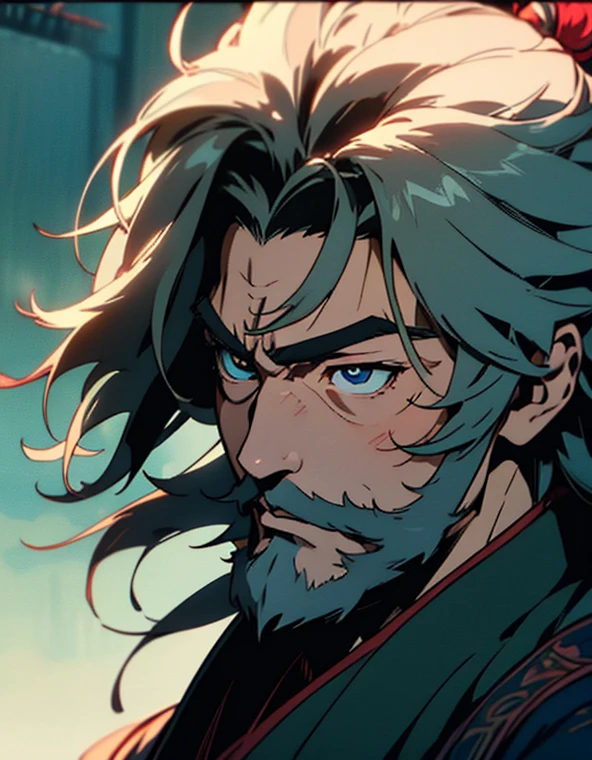 (High quality, Masterpiece, Japanese anime, 2D, beautiful eyes, Highly detailed background, 8k wallpaper, Highly detailed face) paternal uncle, Slightly plump body, Strong muscles, beard, Optimistic eyes, Shiny eyes, Blue eyes, Mature and steady, developed, Short white sleeves, onmyoji portrait, Miyamoto Musashi, Detailed art of anime characters, Background for the pavilion