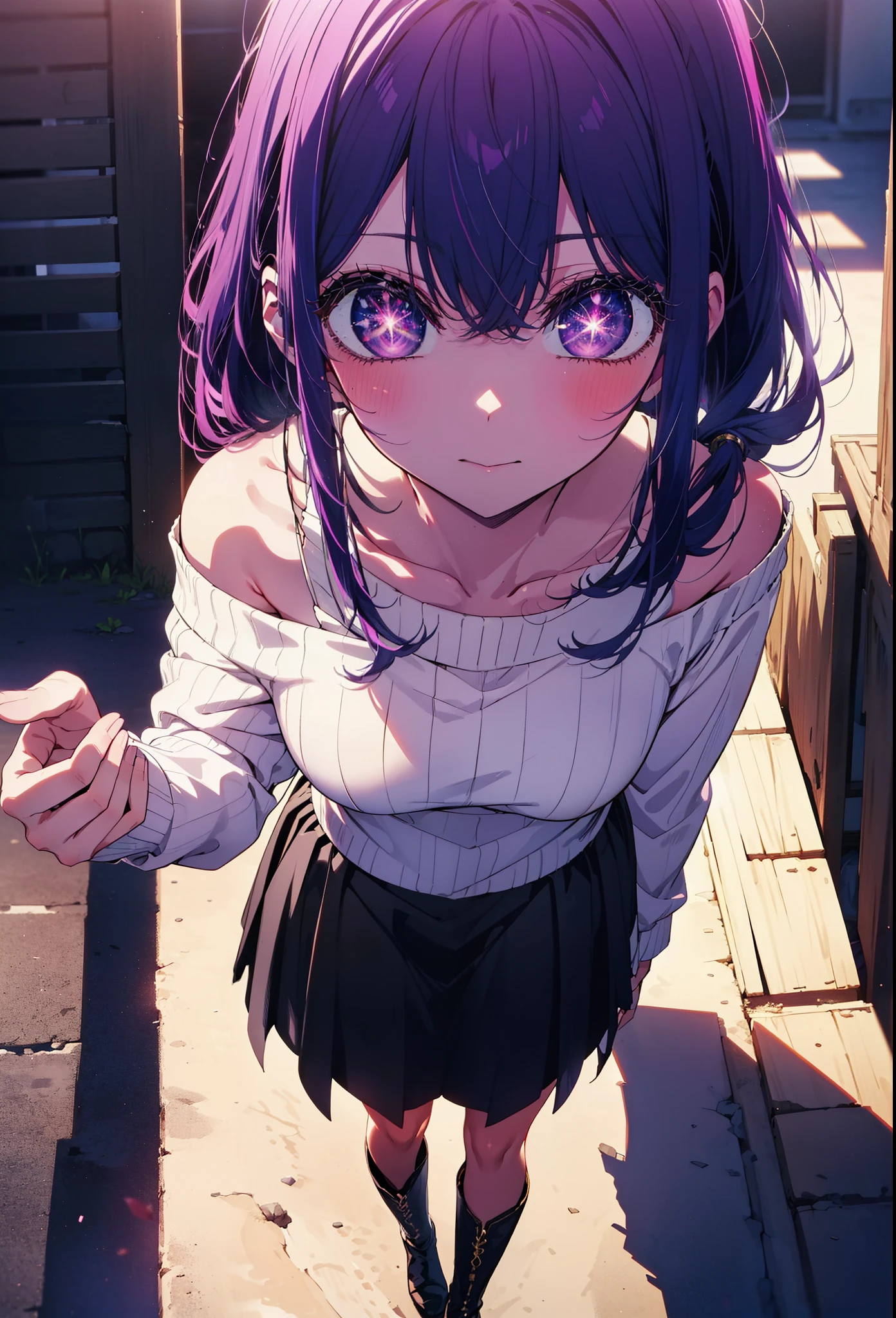 aihoshino, Ai Hoshino, Long Hair, bangs, (Purple eyes:1.1), Purple Hair, (Symbol-shaped pupil:1.5), smile,blush,Open your mouth,One-shoulder sweater,Long skirt,short boots,Walking,Daytime,Clear skies,whole bodyがイラストに入るように,
break outdoors, Building district,
break looking at viewer, whole body,
break (masterpiece:1.2), Highest quality, High resolution, unity 8k wallpaper, (figure:0.8), (Beautiful attention to detail:1.6), Highly detailed face, Perfect lighting, Highly detailed CG, (Perfect hands, Perfect Anatomy),