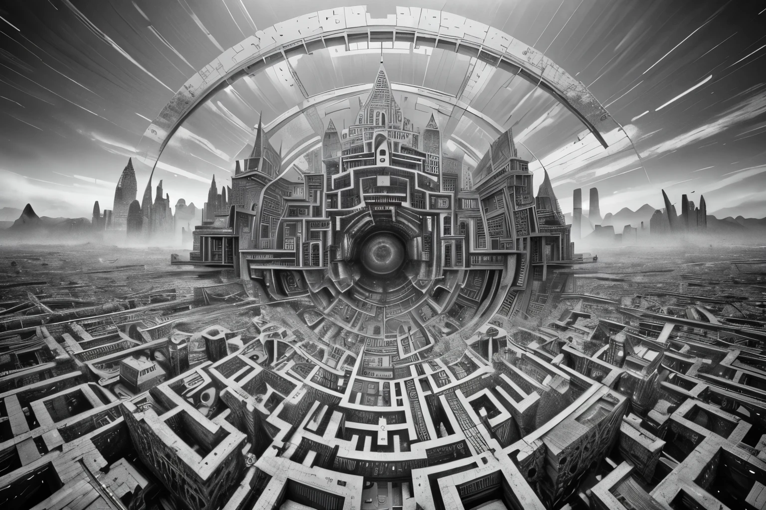 ((best quality)), ((masterpiece)), (detailed), (best quality,4k,8k,highres,masterpiece:1.2),ultra-detailed,(realistic,photorealistic,photo-realistic:1.37),complex intricate architectural structures,Escher style building,surreal fantasy castle,impossible geometry,gravity-defying architecture,abstract pattern complexity,striking visual illusion,mesmerizing maze-like design,dreamlike architectural elements,intricate three-dimensional tessellations,optical illusion buildings,incredible depth perception,hypnotizing architectural labyrinth,surreal and mind-bending cityscape,intricately intertwined structures, black and white, grey scale