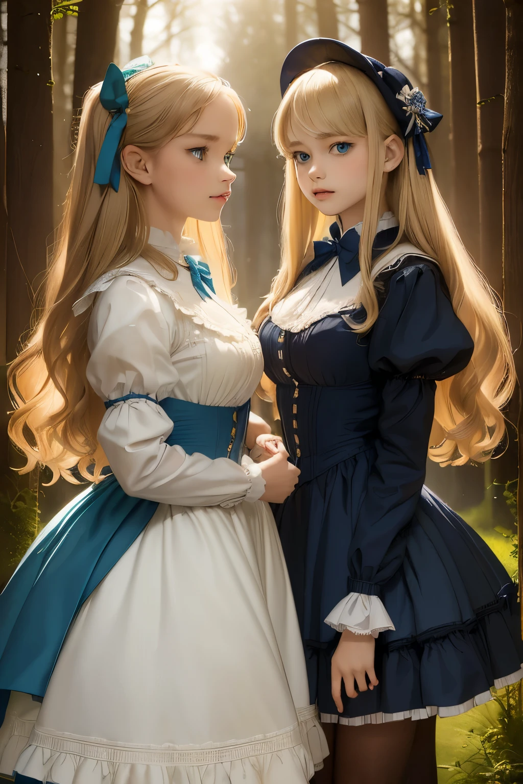 two girls, night, moon, starry sky, (masterpiece、highest quality、highest quality、Official Art、Beautiful and beautiful:1.2)、(One girl:1.3)Hatsune Miku、Twin tails,Beautiful breasts,wide angle, detailed reproduction of a forest surrounded by fog up to a height of one meter. clear starry sky, bare trees, winter, two girls, (Virginia Otis, (blond hair, blue eyes)) pose with (16 years oldald (blond hair, green eyes)). Victorian style. thin, cute face, walks at night in Canterville Castle (inspired by the novel The Canterville Ghost). aged 1887, Victorian fantasy