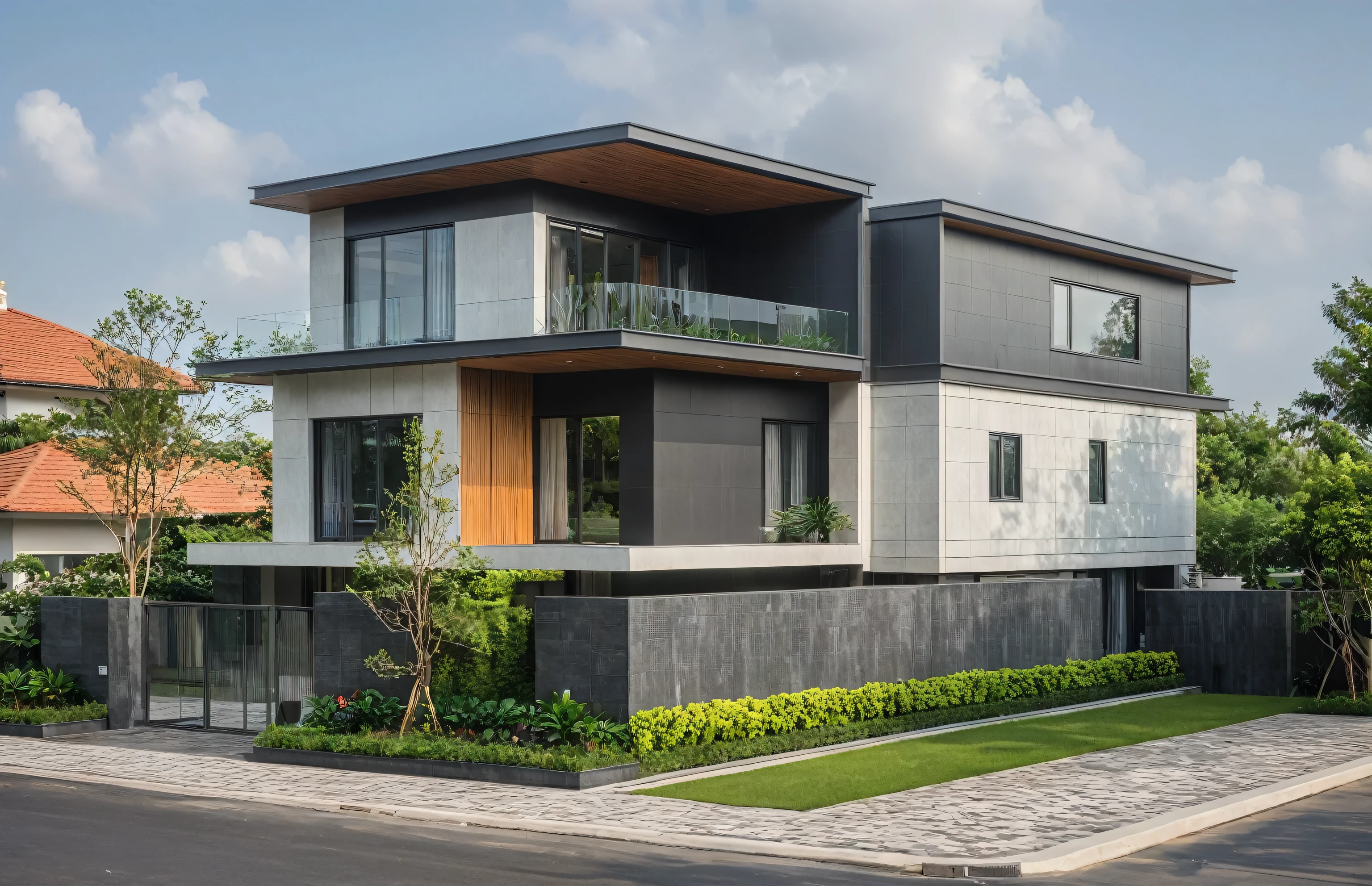 modern villa on street, (daylight), tropical tree, green shrub and plants, vivid color, streetcapes, minimalist design, brigth grey tone, large glass door, warm interior lighting, modern material, best quality, ultra realistic, masterpiece, 17ArchiAI_XL_VL-v1