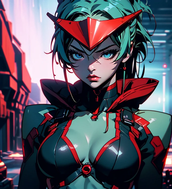 Cyber woman, With the whole body perfect sculpture, real, The appearance of the abdomen, (Perfect big breasts), Neckline, 3d, With a hood on the head and head, And a red visor over the right eye, anime style 3d, ultra real, High resolution,
