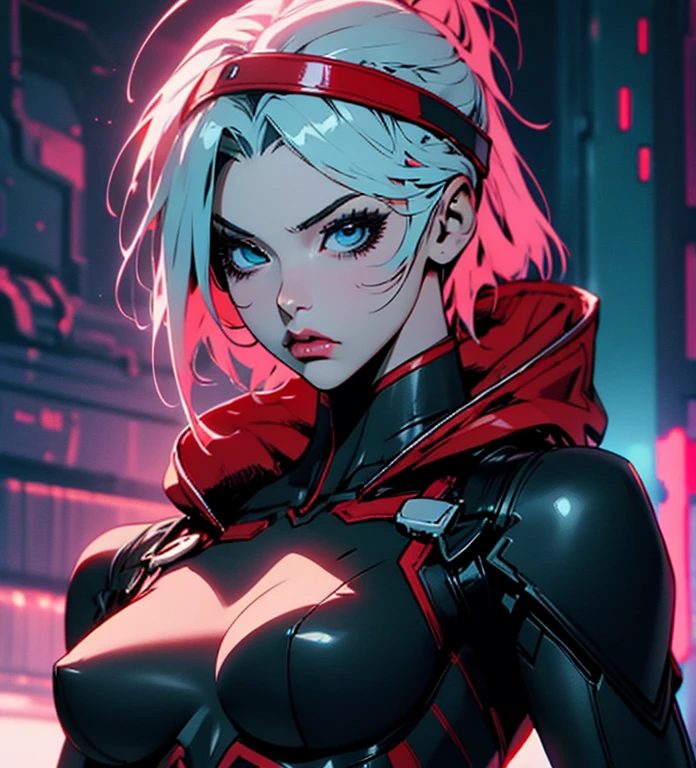 Cyber woman, With the whole body perfect sculpture, real, The appearance of the abdomen, (Perfect big breasts), Neckline, 3d, With a hood on the head and head, And a red visor over the right eye, anime style 3d, ultra real, High resolution,