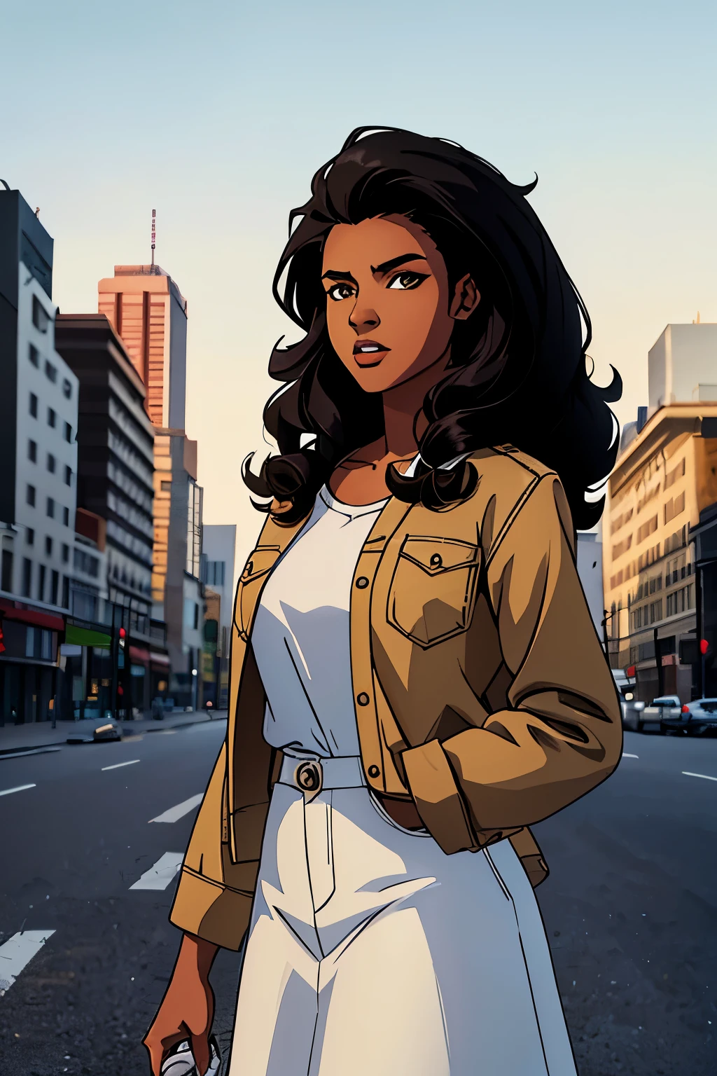 A 20 year old woman, black hair, brown eyes, wearing a white shirt, open denim jacket showing part of the white shirt, long white skirt, dark skin, black woman, long curly hair, in an apocalyptic city, perfect face, masterpiece