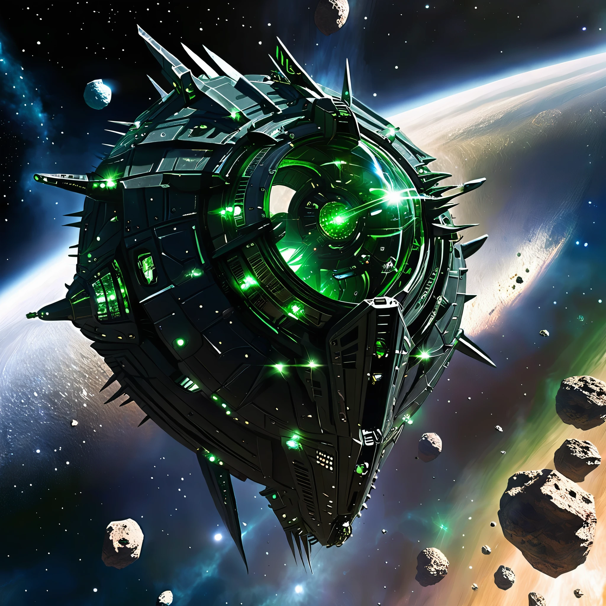 (masterpiece, best quality:1.2), alien spaceship, crystals, spikes, engine, green energy, space, rounds, steel rounds, Sturdy hull, crescent-shaped ship, durable armor, heavy hull, a spaceship covered in steel skin is flying in space, a spaceship from another world, black armor