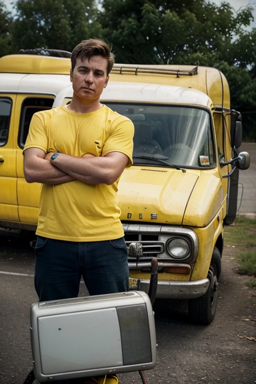 David and the yellow van:
Image: David, with an expression of tiredness and frustration, He is standing next to an old yellow van. The van shows signs of wear, with cables coming out of the engine. In the background, you can see a computer screen flashing, suggesting that David is trying to solve a technical problem.