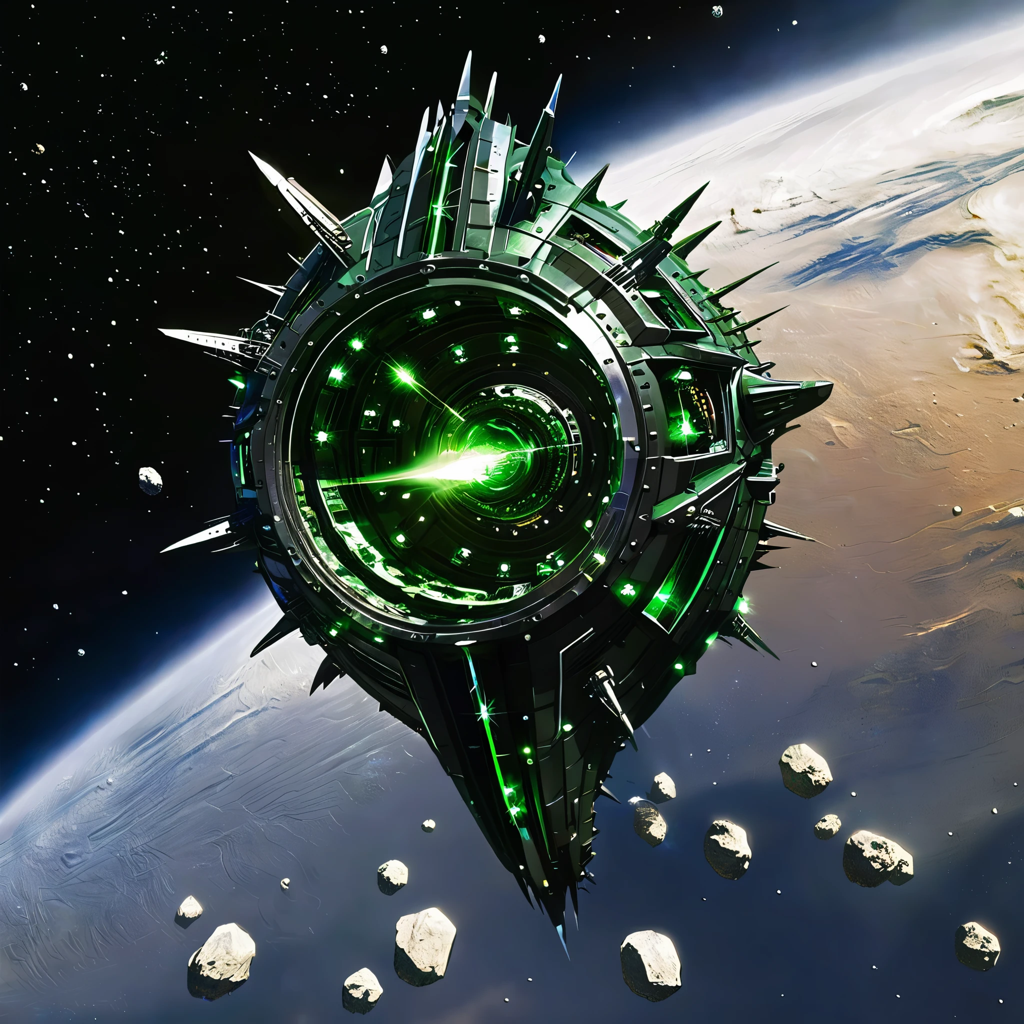 (masterpiece, best quality:1.2), alien spaceship, crystals, spikes, engine, green energy, space, rounds, steel rounds, Sturdy hull, crescent-shaped ship, durable armor, heavy hull, a spaceship covered in steel skin is flying in space, a spaceship from another world, black armor