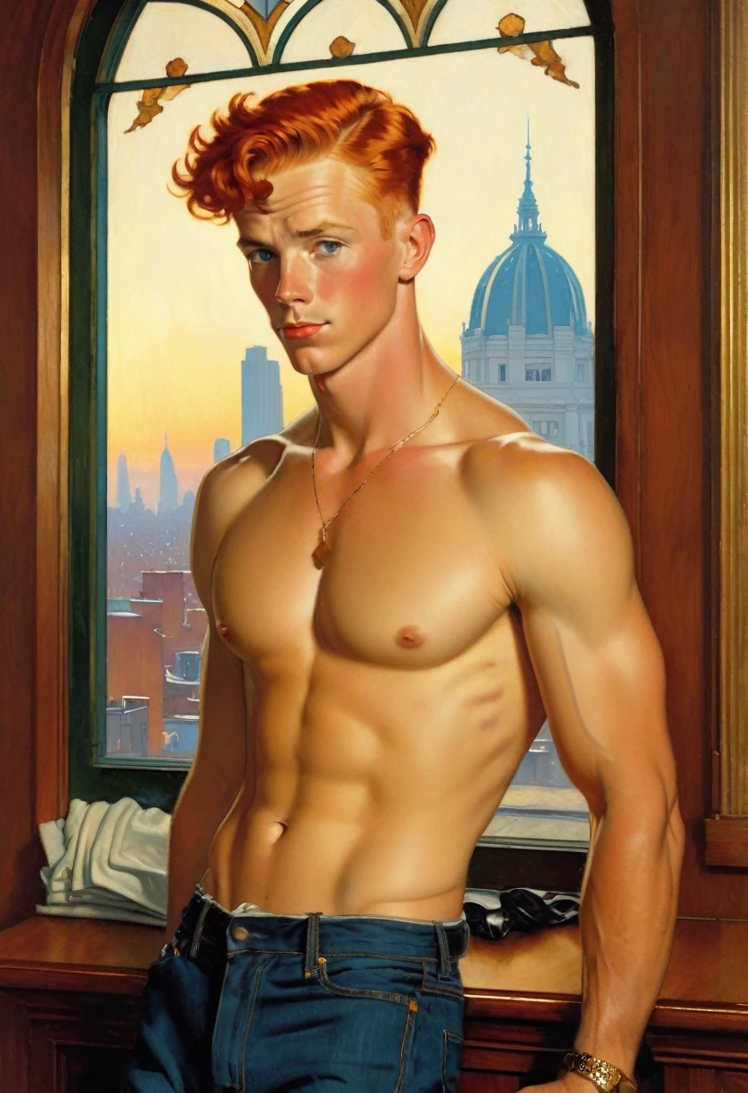 illustration+photography+norman_rockwell+art_new, luces outfits, a red-haired man, short hair, slim athletic perfect anatomy, divine proportions, blue eyes, straight nose, thin lips, square cheek, diamond face, barefoot without shirt, He wears deep black jeans, challenging straight posture, innocent relaxed expression, art deco living room with gold and black details, mahogany and gold baroque furniture, large windows to see the city at night