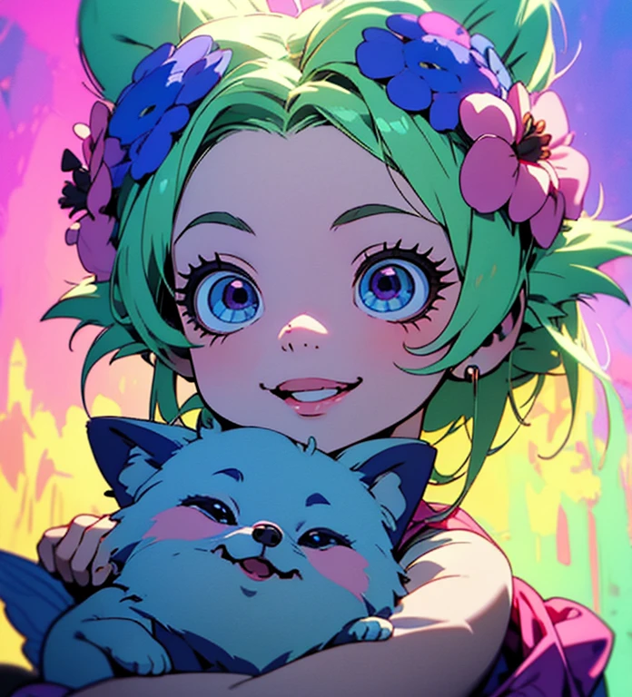 A cute Pixar-style baby girl, a round blue and red Pomeranian, Little, With cute ears, Happy laughter, Purple water spirit big eyes, With light green color sea fairy pink, Yellow background, Sunlight down, Fairy tale world, HD Dennis, Superior detail, He wears a beautiful wreath, Playing with dad in the amusement park,