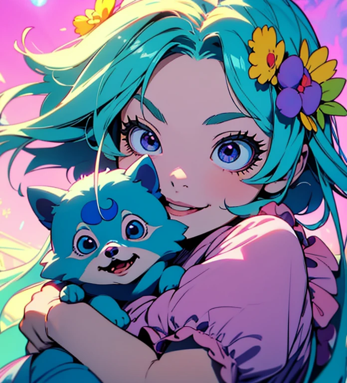 A cute Pixar-style baby girl, a round blue and red Pomeranian, Little, With cute ears, Happy laughter, Purple water spirit big eyes, With light green color sea fairy pink, Yellow background, Sunlight down, Fairy tale world, HD Dennis, Superior detail, He wears a beautiful wreath, Playing with dad in the amusement park,
