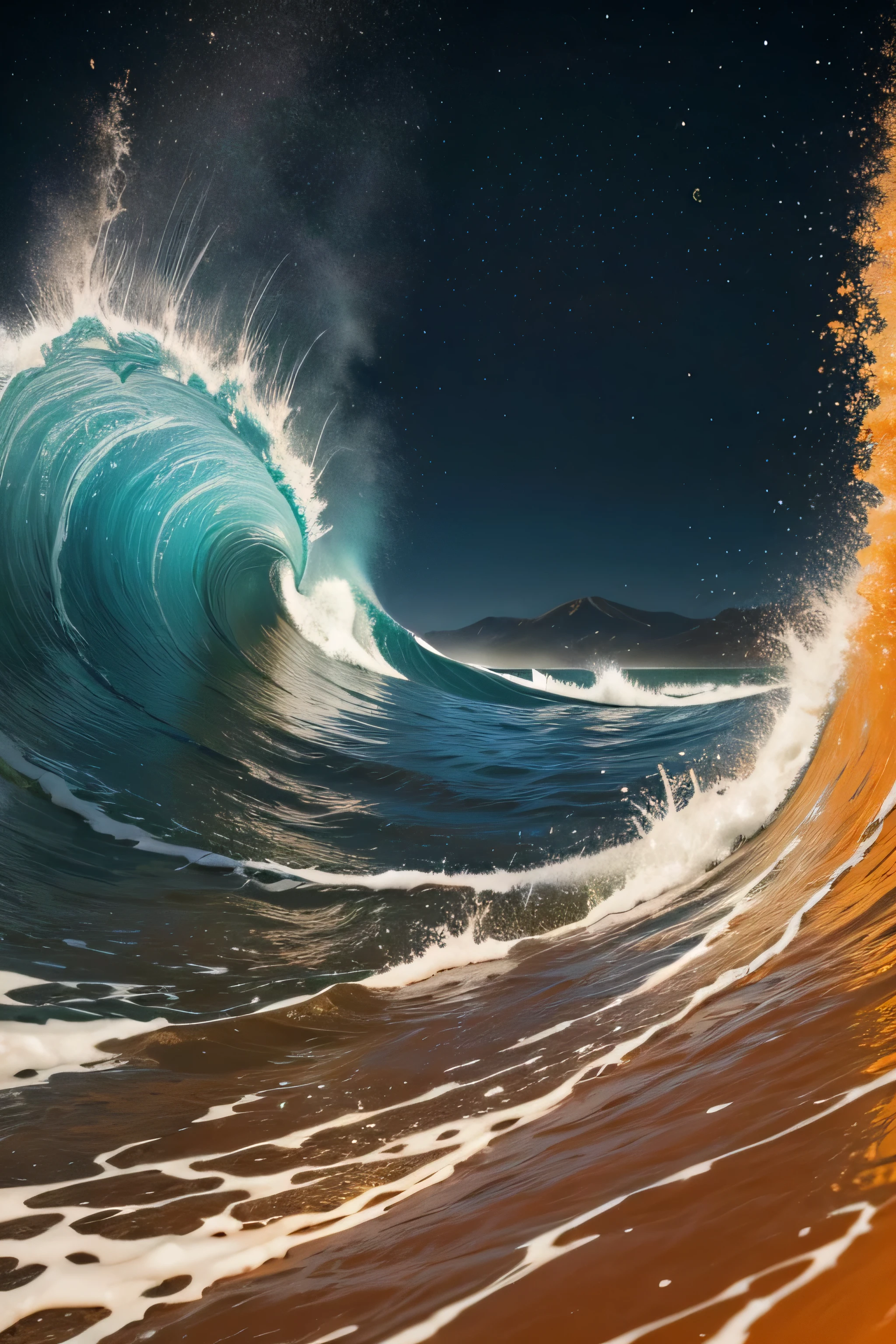  an ocean wave made of computer data, like graphs, numbers, and binary code. The wave should have a digital, forming a diagonal, exponential shape like a graph, with a orange background and accents.