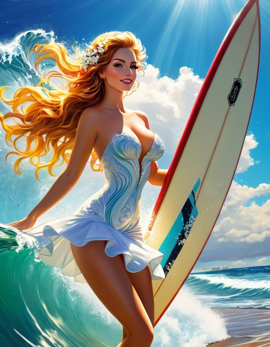 a portrait of a bride surfing the waves, on a sunny day in ocean, an exotic beautiful bride,   ((anatomically correct: 1.5)) ultra detailed face, dynamic hair color, dynamic hair style, dynamic skin complexion, (best detailed face: 1.5), busty wearing intricate, elegant bride's dress, glamour bride dress, barefoot, she is surfing an (surf board: 1.3) she surfs a massive wave, sunny day, sun rays, some clouds, wavy ocean background, vibrant, Ultra-high resolution, High Contrast, (masterpiece:1.5), highest quality, Best aesthetics), best details, best quality, highres, 16k, (ultra detailed: 1.5), masterpiece, best quality, (extremely detailed) RAW, (ultra details, Masterpiece, best quality), Cinematic Hollywood Film, ba11g0wn