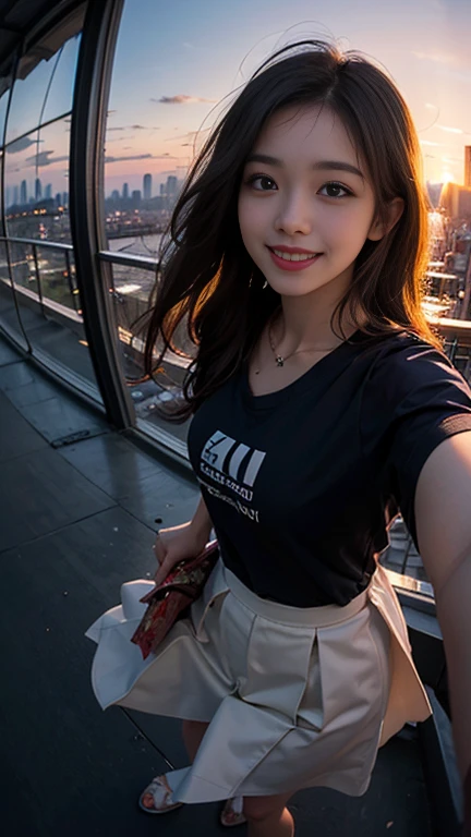 One girl, Korean, Fisheye Lens, Selfie, Wind, Messy Hair, sunset, Cityscape, (Aesthetics and atmosphere:1.2),smile