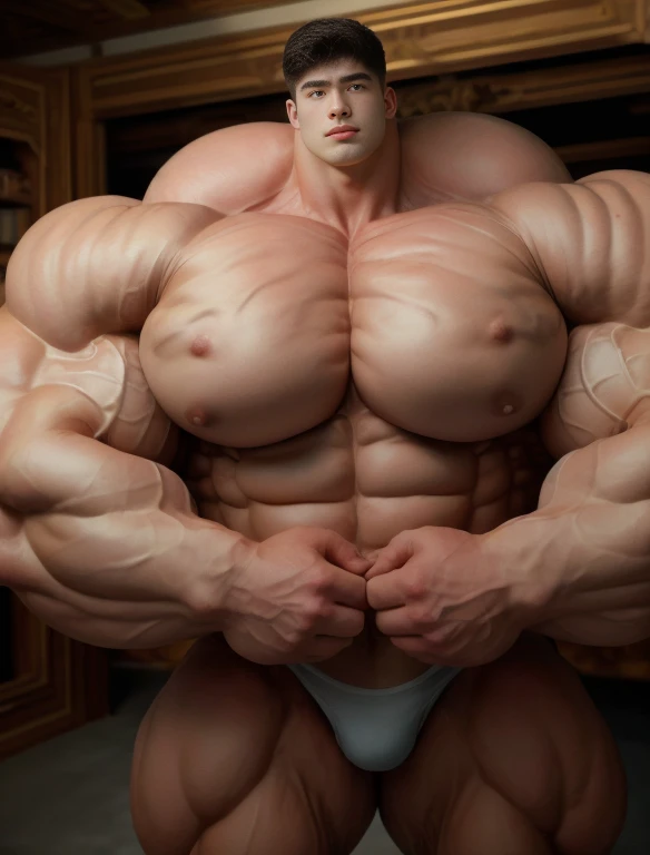 1boy, chinese, giant bodybuilder, stand, illuminating light, strong body, bulk, large size, staring, standing, in the white photo studio, nude, white triangular underwear, prominent bulge, extraordinary big, brutalmass, giant, muscular body, bulk, buff, massive body, large meaty body size, extremely wide body