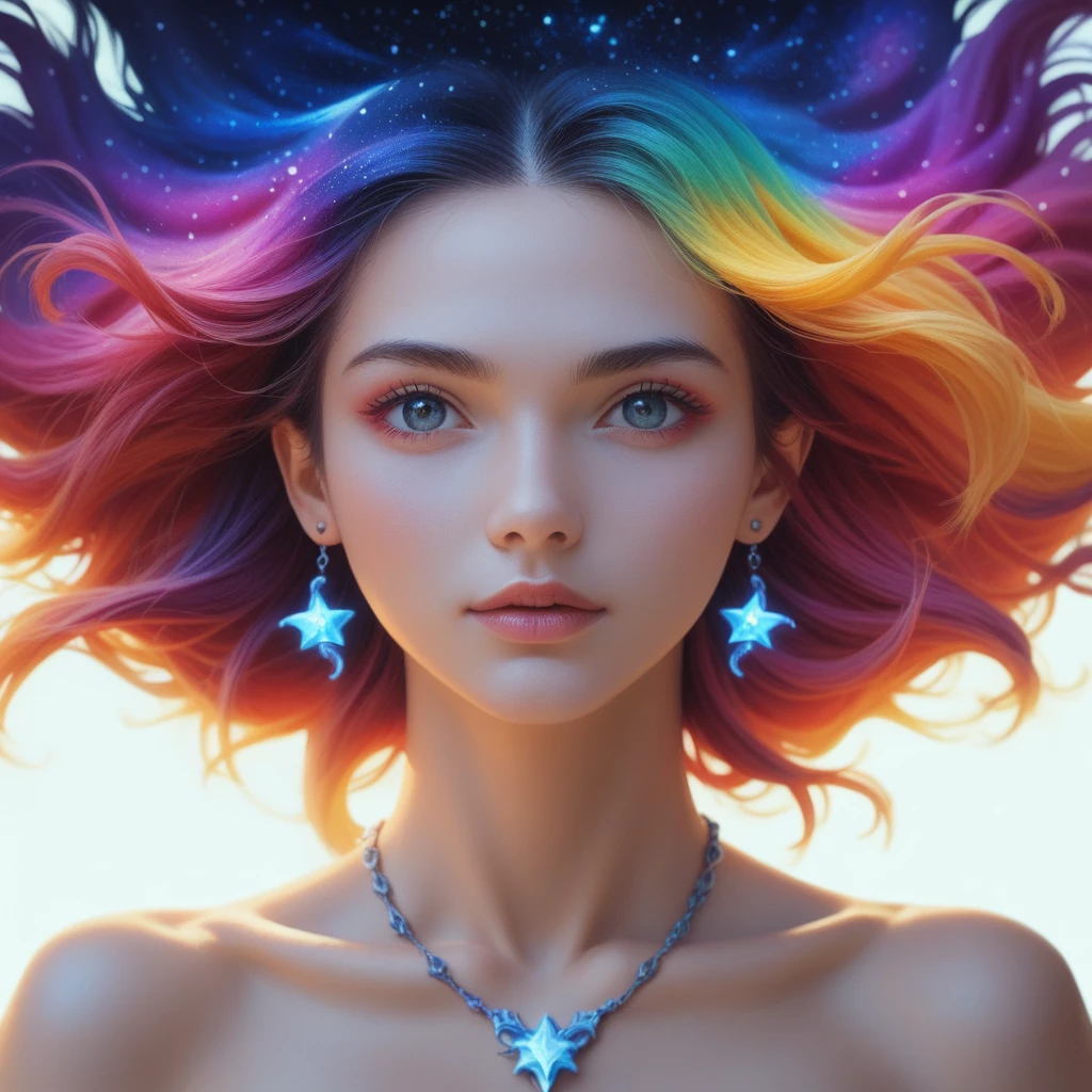 Close-up of a woman with colorful hair and necklace, anime girl with cosmic hair, Rossdraws' soft vitality, Guvez style artwork, fantasy art style, colorful], vibrant fantasy style, Rossdraws cartoon full of vitality, cosmic and colorful, Guweiz, colorful digital fantasy art, stunning art style, beautiful anime style, full body lighting, skin brightening, sexy expression