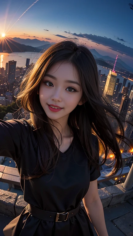 One girl, Korean, Fisheye Lens, Selfie, Wind, Messy Hair, sunset, Cityscape, (Aesthetics and atmosphere:1.2),smile