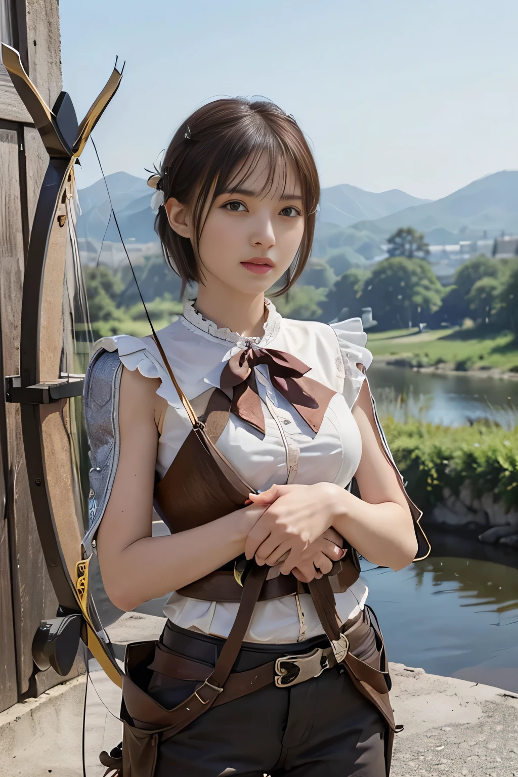 8k,A female adventurer from another world,so beautiful(Like the real thing),Adult woman in leather armor,((Woman with short brown hair:1.4)),blue eyes,((Cowboy Shot:1.4))、((Woman shooting with a stone crossbow:1.5))、Brown combat trousers,Dagger on hip,Walking in mountainous areas,Perfect Face,Perfect hand shape,charm,Volume measurement,Body balance,超High resolution,super Realistic skin,Digital single-lens reflex camera, Soft lighting, high quality, Highly detailed face, Highly detailed eyes, highly detailed skin, skin, Scattered beneath the surface of the water, Highly detailed face, Highly detailed eyes, Beautiful expression, lip, Detailed Background, Written boundary depth, Small breasts、Volumetric lighting, Sharp focus, Absurd, Realistic proportions, Excellent anatomy, (Realistic, 超Realistic:1.4), 16k hdr, dawn,High resolution,super Realistic skin,super Beautiful expression,Fantasy art,Character Art,Dynamic pose,Compensate,Brown cloak,((Carrying a big bow:1.4)),