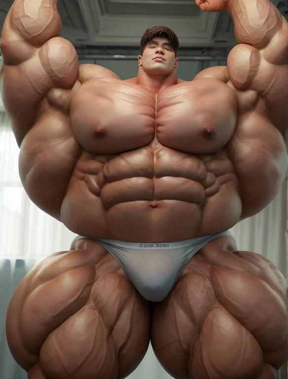 1boy, chinese, giant bodybuilder, stand, illuminating light, strong body, bulk, large size, staring, standing, armpit, in the white photo studio, nude, white triangular underwear, prominent bulge, extraordinary big, brutalmass, giant, muscular body, bulk, buff, massive body, large meaty body size, extremely wide body