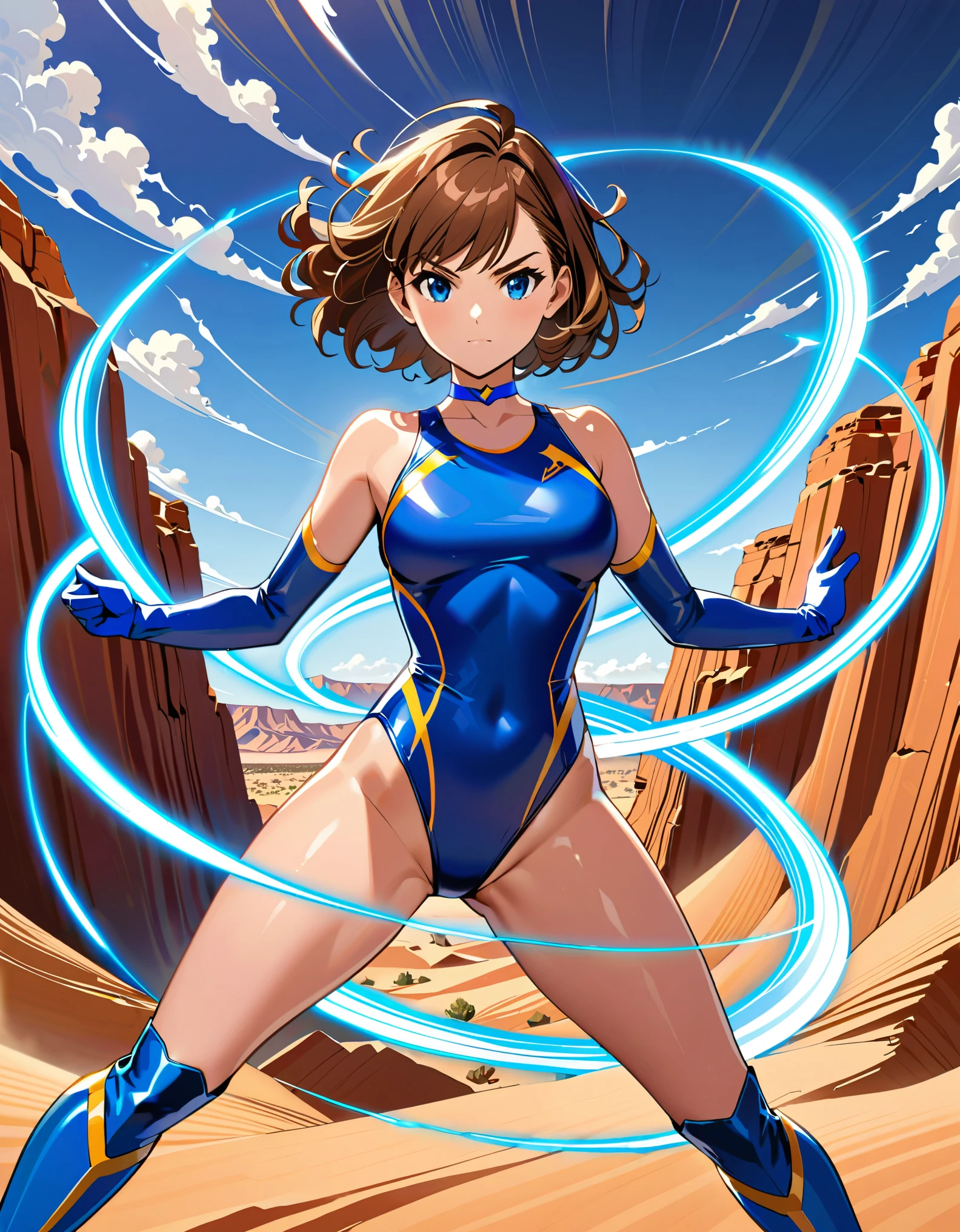 (masterpiece), (best quality), (high res), highly detailed, professional, 1girl, tall body, wonder, superhero, blue choker, blue eyes, blue footwear, blue gloves, matching boots, (blue leotard, competition swimsuit, elastic sleeves), medium breasts, brown hair, knee boots, short hair, bob hair, solo, determined, full body, college-age female, cowboy shot, full body costume design. desert backdrop. (T-pose, legs together). (spins fast in place like a tornado, whirls fast in place like a tornado, tornado whirling, spiral lines around her, spinning energy pulse around her, storm winds around her, whirls into a tornado, (she whirls) in (super speeds)). full body costume design. curved sword slash. she super-spins.