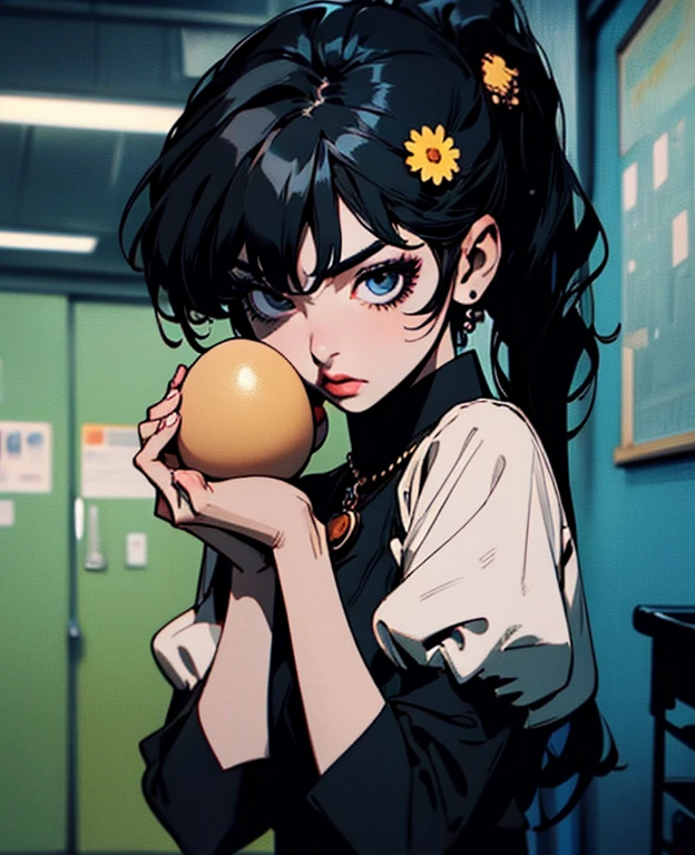 Masterpiece, 1girl, Medium breast, Single, Araraji Karen, Hair decoration, egg Hair decoration, side ponytail, Black hair, food-themed Hair decoration, fried egg, Looking at the viewer, egg (food), long hair, (Black eyes:1.1), black skirt , Sleeves, blue shirt, home work, To write, Pencil necklace, simper