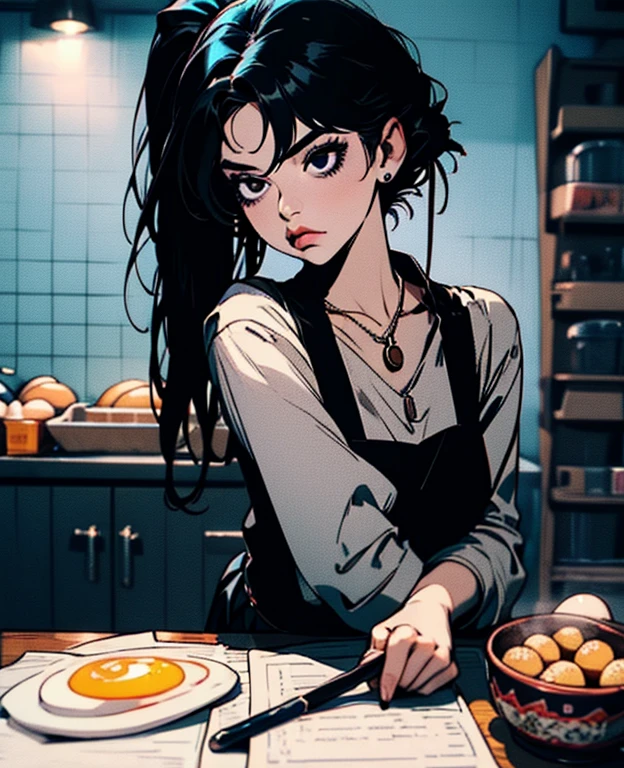Masterpiece, 1girl, Medium breast, Single, Araraji Karen, Hair decoration, egg Hair decoration, side ponytail, Black hair, food-themed Hair decoration, fried egg, Looking at the viewer, egg (food), long hair, (Black eyes:1.1), black skirt , Sleeves, blue shirt, home work, To write, Pencil necklace, simper