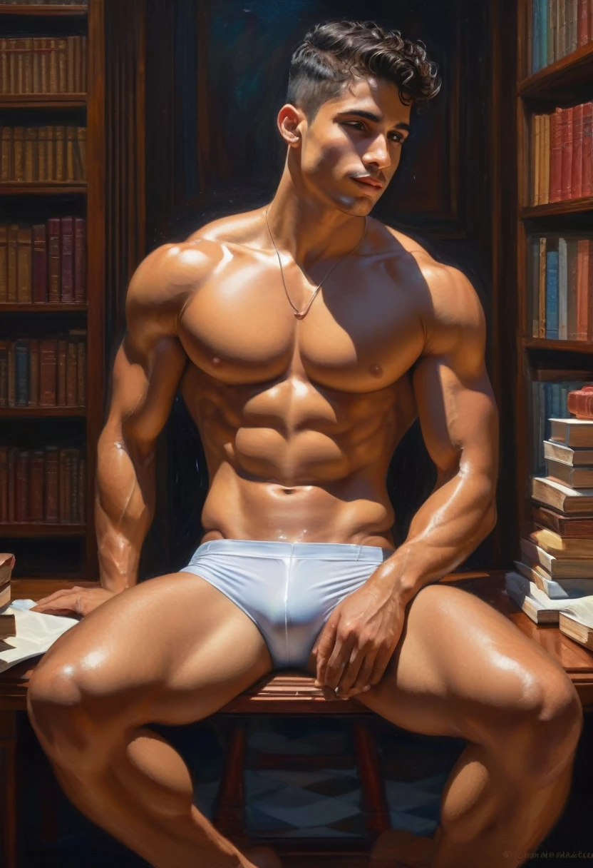 ((1 young latino naked  man sitting smiling drawing plans for a chuch, view from behind)) 
generate the image with atmosphere of enthusiasm he is naked, ultradetailed erected penis s(( Highlight the rippling muscles of a swimmer as he sits at a desk at the library open legs, big bulge, smiling, wearing a micro swimm suit, you can slightly see his balls, their bodies glistening with droplets. The focus should be on the swimmer's powerful physique, the background should be blurred to create a sense of movement and energy. evoking the strength, symmetry, beauty of the male body.)) by Aaron Horkey and Jeremy Mann, masterpiece, best quality, Photorealistic, ultra-high resolution, photographic light, illustration by MSchiffer, fairytale, Hyper detailed A mixture of photography and painting, simetryc Composition, Perfect Divine Proportione, 8k resolution fullbody image,(( view from above)) full body, oil painting intense dark colors palette A young man, cimmanoon  latino skin, latino, smoth body, thin face, straight nose, thin lips, square chin, large light black eyes, short black wavy hair, in roberto ferri style, aesthetic slim athletic body, ginger realistic skin, gorgeous, detailed tonned muscles, barefoot, perfect anatomy, muscled fitness body, Young man, perfect anatomy, , energetic splendid, Barefoot, naked, small flacid penis, slim and detailed muscles, shirtless, pantless, fullbody, wearing sandals, the composition of shadows and lights give an atmosphere of spaciousness,