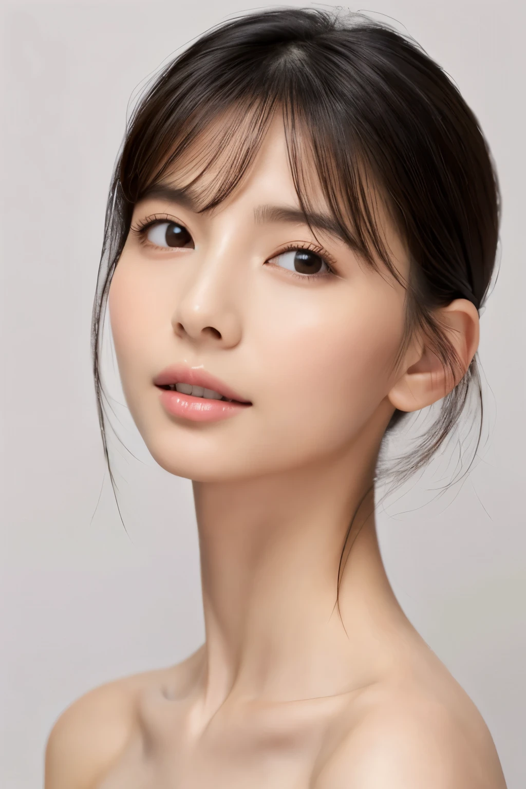 ((masterpiece, top quality, high definition)), 1 girl, (photorealistic: 1.4), solo, white background, snow-white background, mouth closed, happy smile, pretty black hair, short hair, big eyes, clear double eyelids, eyelashes, ears out, absolute area, ((face close-up)), (drawing all head, shoulders), 35 years old, Attractive proportions, glossy skin, clean collarbone, face in golden proportion, perfect face, teardrop mole, mole on chest, bangs, clean bangs, beautiful bangs, lip gloss, thin lips, pale skin, naked, small breasts, small face, head all drawn, shoulders all drawn, staring at the camera slightly upwards