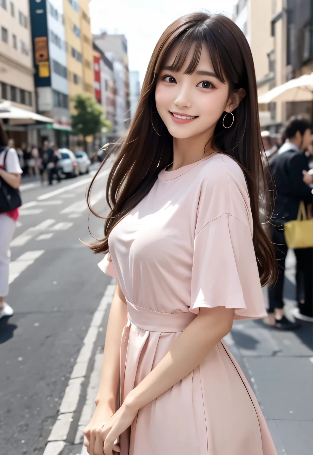 masterpiece、Highest quality、whole body、One Girl、bangs、Japanese、黒髪のLong Hair、Long Hair、Gazing at the audience、pink、evening、smile、alone、Stylish woman、Pastel colored outfits、Short sleeve、stop temporarily、front、terrace、Luxury background elements、look back、Confident expression、Modern and trendy、Fashion focused