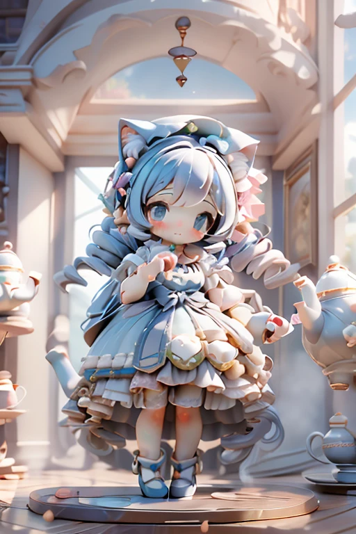 absurdres, (masterpiece:1.2), best quality, 1girl, solo, alone, (((standing inside a giant teapot))), cat paws, paw hands, cat ears, lolita clothes, drill hair, felix cat girl, :3, 
 