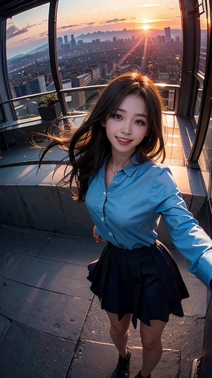 One girl, Korean, Fisheye Lens, Selfie, Wind, Messy Hair, sunset, Cityscape, (Aesthetics and atmosphere:1.2),smile