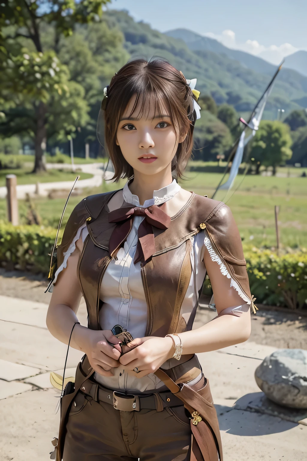 8k,A female adventurer from another world,so beautiful(Like the real thing),Adult woman in leather armor,((Woman with short brown hair:1.4)),blue eyes,((Cowboy Shot:1.4))、((Woman shooting with a stone crossbow:1.5))、Brown combat trousers,Dagger on hip,Walking in mountainous areas,Perfect Face,Perfect hand shape,charm,Volume measurement,Body balance,超High resolution,super Realistic skin,Digital single-lens reflex camera, Soft lighting, high quality, Highly detailed face, Highly detailed eyes, highly detailed skin, skin, Scattered beneath the surface of the water, Highly detailed face, Highly detailed eyes, Beautiful expression, lip, Detailed Background, Written boundary depth, Small breasts、Volumetric lighting, Sharp focus, Absurd, Realistic proportions, Excellent anatomy, (Realistic, 超Realistic:1.4), 16k hdr, dawn,High resolution,super Realistic skin,super Beautiful expression,Fantasy art,Character Art,Dynamic pose,Compensate,Brown cloak,((Carrying a big bow:1.4)),